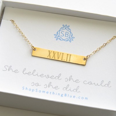 Gift For Runner • Engraved Bar Necklace • Marathon in Roman Numerals • Runner Necklace • Marathon Jewelry • Runner's Gift • She Believed