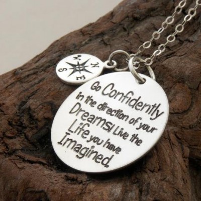 Gift for Graduate, custom engraved handmade sterling silver necklace/keyring "Go confidently in the direction of your dreams" Compass Charm