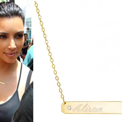 Gold Bar Diamond Nameplate Necklace Engraved Personalized necklace Horizontal Monogram Name Kardashian sterling silver Bar