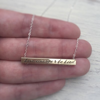 Gold Bar Necklace Raw Brass Sterling Silver Have Courage and Be Kind Personalized Custom Quote Gift for Her Inspirational Motivation