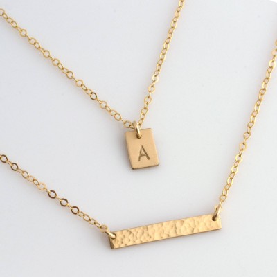 Gold Bar Necklace Tag Necklace, Layered Necklace Set Initial Necklace, Delicate Gold Necklace, Personalized Gift for Her, LEILAJewelryShop