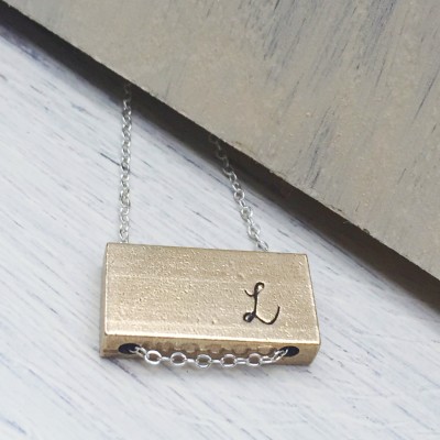 Gold Bar Raw Brass Personalized Silver Custom Initial Name Text Quote Rustic Necklace
