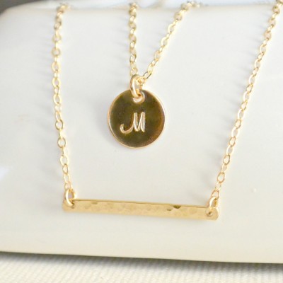 Gold Double Strand Initial Necklace/ Gold or Silver Layering Necklace/ Personalized Necklace/ Hammered Bar/ Layering Necklace set of Two