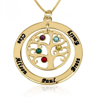 Gold Family Tree Necklace Charm Custom Engraved & Swarovski birthstone Crystal Circle names Pendant New Personalized mothers Jewelry Gift