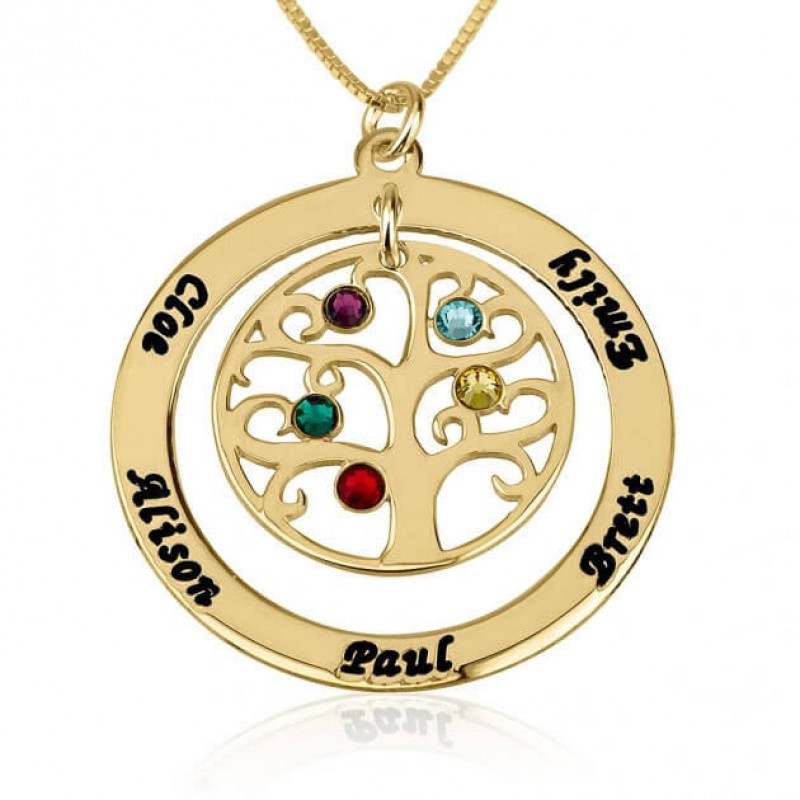 Personalised Family Tree Birthstone Crystal Charm Pendant Chain Necklace