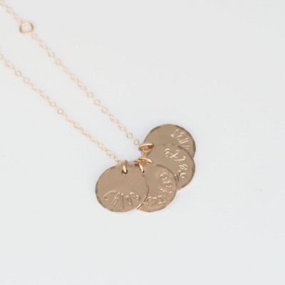 Gold Four Name Mommy Charm Necklace - Gold Filled Disc Mothers Jewelry