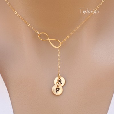 Gold Infinity lariat,initial infinity necklace,Sideways infinity lariat,monogram lariat,hand stamped initial,friendship gift,bridesmaid gift