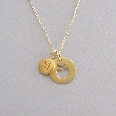 Gold Initial & Apple Charm Necklace - Personalized Jewelry - Initial Necklace - Teacher Necklace