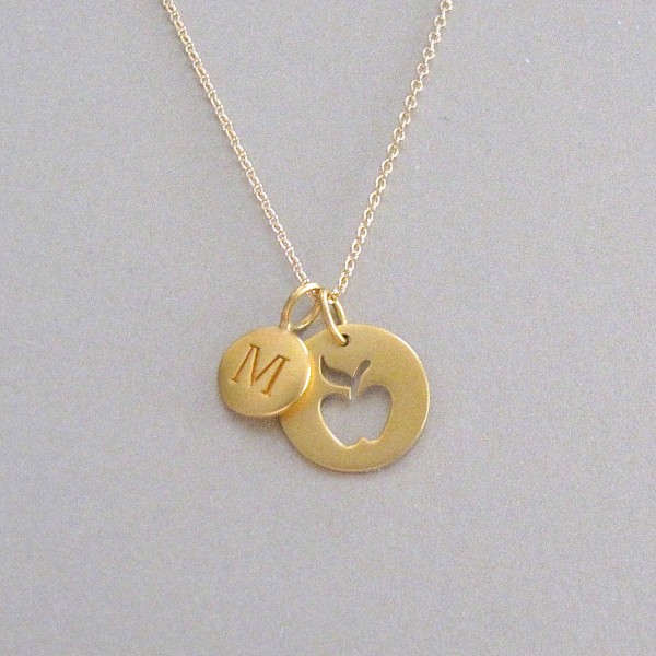 Gold Initial & Apple Charm Necklace - Personalized Jewelry - Initial Necklace - Teacher Necklace