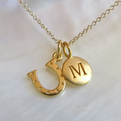 Gold Initial & Horseshoe Charm Necklace - Initial Necklace - Horseshoe Jewelry - Personalized Gift