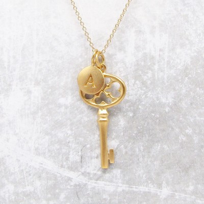Gold Initial & Key Charm Necklace