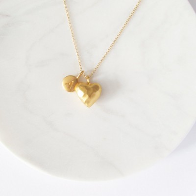 Gold Initial & Large Heart Charm Necklace
