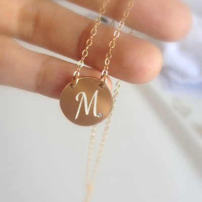 Gold Initial Necklace - Initial Diamond Disc Pendant -  Custom Engraved Necklace - Gold Charm Necklace - Personalized Necklace