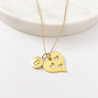 Gold Initial and Three Heart Necklace - Personalized Necklace - Mom Necklace - Monogrammed Gifts