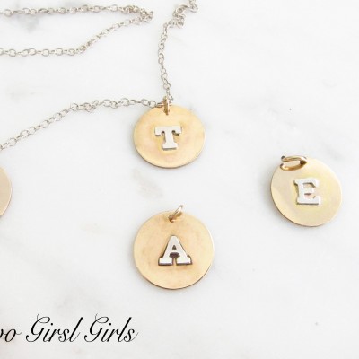 Gold Initial disk, Monogram, Personalized jewelry, gold and silver pendant, Two Girls Gems