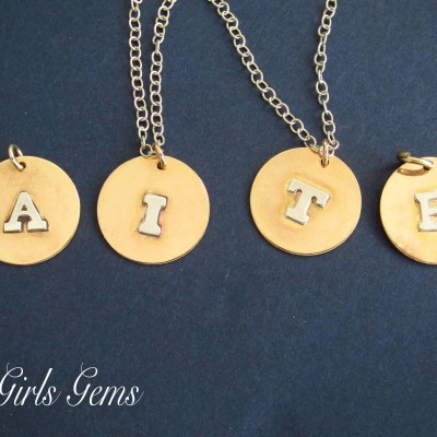 Gold Initial disk, Monogram, Personalized jewelry, gold and silver pendant, Two Girls Gems