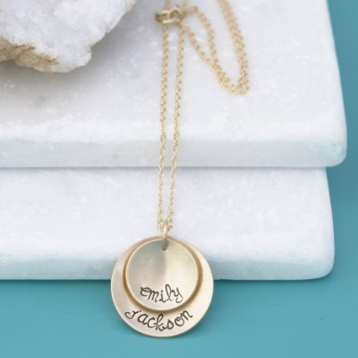 Gold Mom Necklace with Kids Names - Layered 14k gold fill Round Plate Pendant with Name Stamped Necklace - Gold Mom's Mother's Necklace