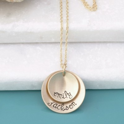 Gold Mom Necklace with Kids Names - Layered 14k gold fill Round Plate Pendant with Name Stamped Necklace - Gold Mom's Mother's Necklace