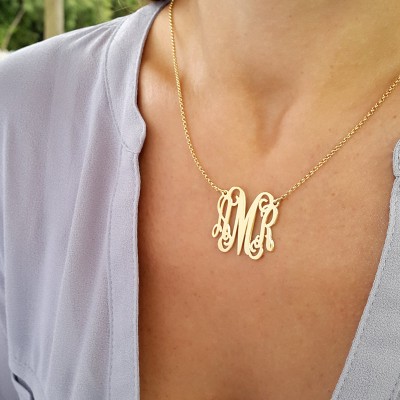 Gold Monogram Necklace - Monogram Necklace 1'' Pendant 3 Initials 18k Gold Plated, Bridesmaid Gift