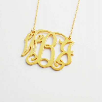 Gold Monogram Necklace Extra Large,2 inch Monogram Necklace, Monogram Initial Charm,Vine Script Necklace,Nameplate Initial Necklace