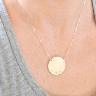 Gold Name Necklace, Large Disc Necklace, Quote Necklace, Kid Name Jewelry, Gold Necklace, Date Necklace, Mothers Gift Idea, Gift For Her
