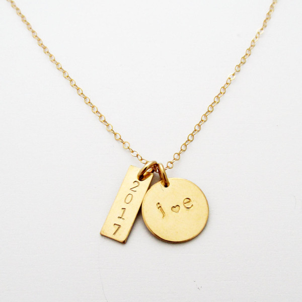 Gold Necklace with Initial and Year, Layering Necklace, Bar Charm Necklace, Gold Charm necklace, Personalized Jewelry, Gift for Her G1138