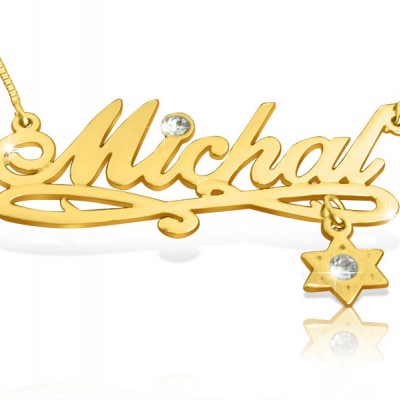 Gold Plated Name Necklace with Star of David Charm Name Chain Gold Plated Swarovski Crystal Star of David on Necklace Gold Name Chain 24K
