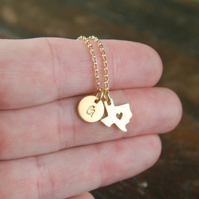 Gold Texas state charm with heart and initial necklace, gold filled chain, heart of Texas, customized, state of Texas, Texas necklace