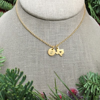 Gold Texas state charm with heart and initial necklace, gold filled chain, heart of Texas, customized, state of Texas, Texas necklace