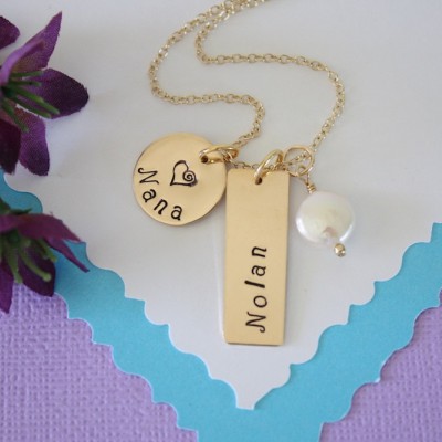 Grandma Necklace Gold Personalized, Nana Necklace, Gold Bar, Grandchild Necklace, 14k Gold Name Charm, Monogram, Mothers Day Gift, Rose Gold