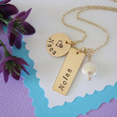 Grandma Necklace Gold Personalized, Nana Necklace, Gold Bar, Grandchild Necklace, 14k Gold Name Charm, Monogram, Mothers Day Gift, Rose Gold