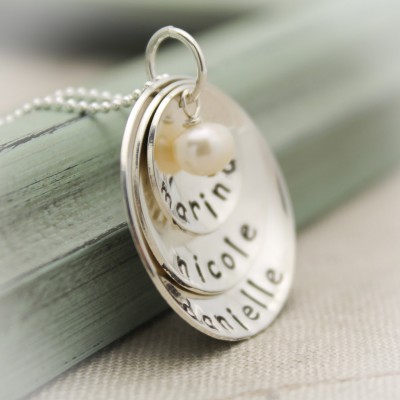 Grandma or Mother Layered and Domed Personalized Necklace in Sterling Silver Hand Stamped Jewelry