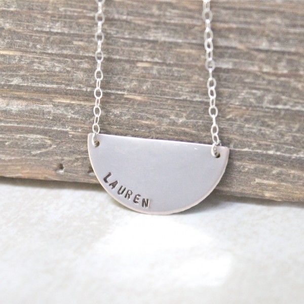 Half Circle Personalized Necklace.  Sterling silver hand-stamped necklace.  Name, monogram, half moon necklace.
