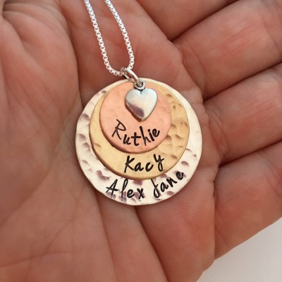 Hammered Disk Necklace - Three Layered Loves - Mothers Necklace - Personalized Gift for Grandma - Custom Name Necklace - Grandma Necklace