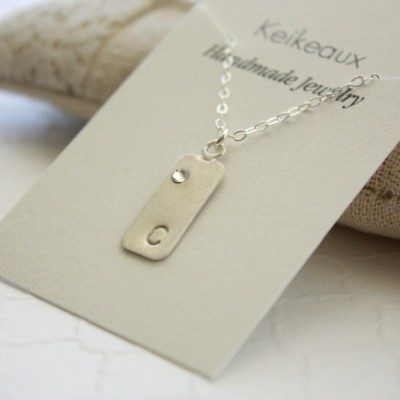 Hand Stamped Bar Necklace , Silver Bar Necklace , Initial Bar Necklace , Crystal Birthstone, Vertical Bar Necklace