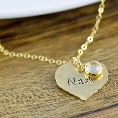 Hand Stamped Heart Necklace - Birthstone Jewelry - Personalized Stamped Necklace - Gold Name Necklace -Children's names – Valentines Gift -