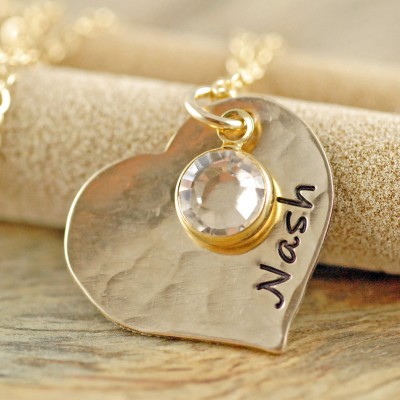 Hand Stamped Heart Necklace - Birthstone Jewelry - Personalized Stamped Necklace - Gold Name Necklace -Children's names – Valentines Gift -