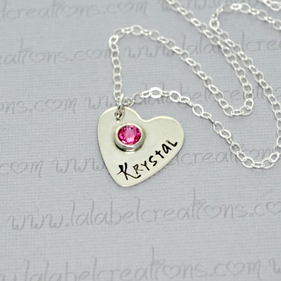 Hand Stamped Heart Necklace, Personalized Heart Necklace with Name and Birthstone, Birthstone Necklace Sterling Silver Name Necklace for Mom
