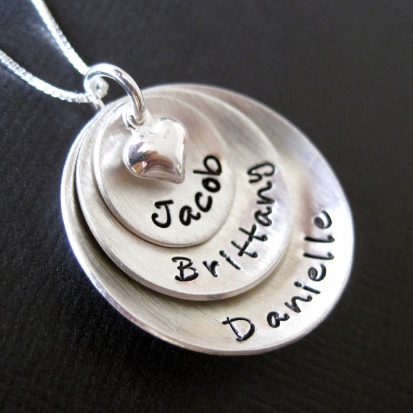 Hand Stamped Jewelry - Domed Hand Stamped Personalized Sterling Silver Necklace for Mom - Three Pendants