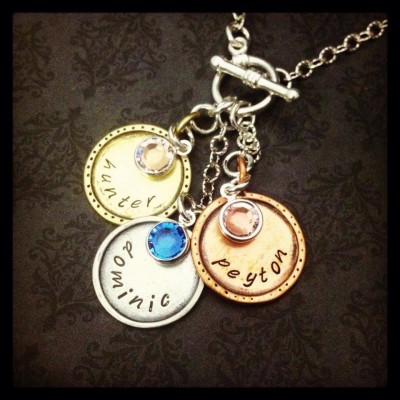 Hand Stamped Jewelry- Hand Stamped Necklace-Custom Jewelry- disc and names- birthstones- toggle clasp- family jewelry