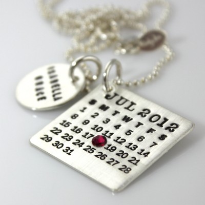 Hand Stamped Mark Your Calendar Necklace - personalized sterling silver necklace with large name charm and crystal for date