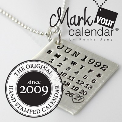 Hand Stamped Mark Your Calendar Necklace - personalized sterling silver necklace with large name charm and crystal for date