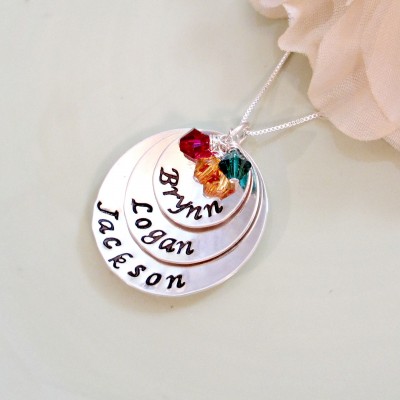 Hand Stamped Mommy Necklace - Mother's Day Gift- Custom Trio of Stacked Sterling Silver Discs with Swarovski Crystal Birthstones