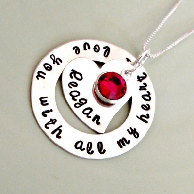 Hand Stamped Mommy Necklace - Phrase Jewelry - Sterling Silver Custom Circle of Love & Personalized Heart with Swarovski Crystal