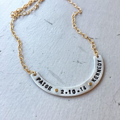 Hand Stamped, Personalized Curved Bar Name Charm Necklace; Custom Birthday Gift, Graduation Gift, Heirloom Quality Keepsake; Birthday