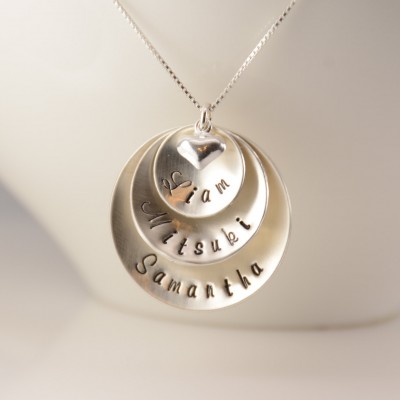 Hand stamped jewelry. Personalized mother necklace. Domed discs necklace