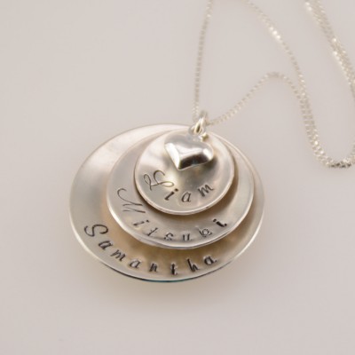 Hand stamped jewelry. Personalized mother necklace. Domed discs necklace