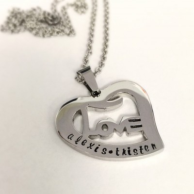 Hand stamped necklace - Stainless steel heart - Stainless steel necklace - Family jewelry - Personalized necklace - Heart necklace - Love