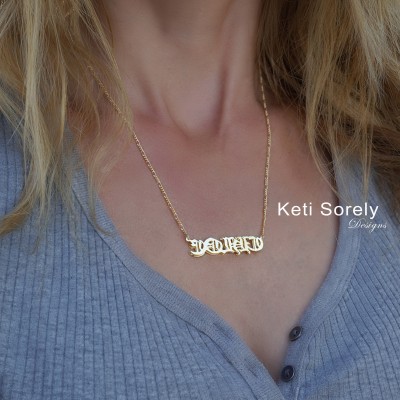 Handmade Gothic Name Necklace -  3 Dimensional Double Name Plate (Order Any Name) - Gothic Jewelry in Sterling Silver, Yellow OR Rose Gold