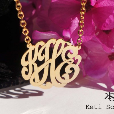 Handmade Monogram Initials Necklace With Large Link Chain (Order Any Initials) - 24K Gold overlay